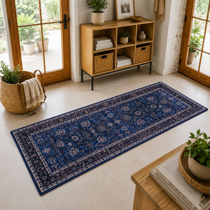Premium Floral Persian Pattern Digital Print Area Rug | Navy Blue, Burgundy Red, and Cream Medallion Accent Rug - Decovia