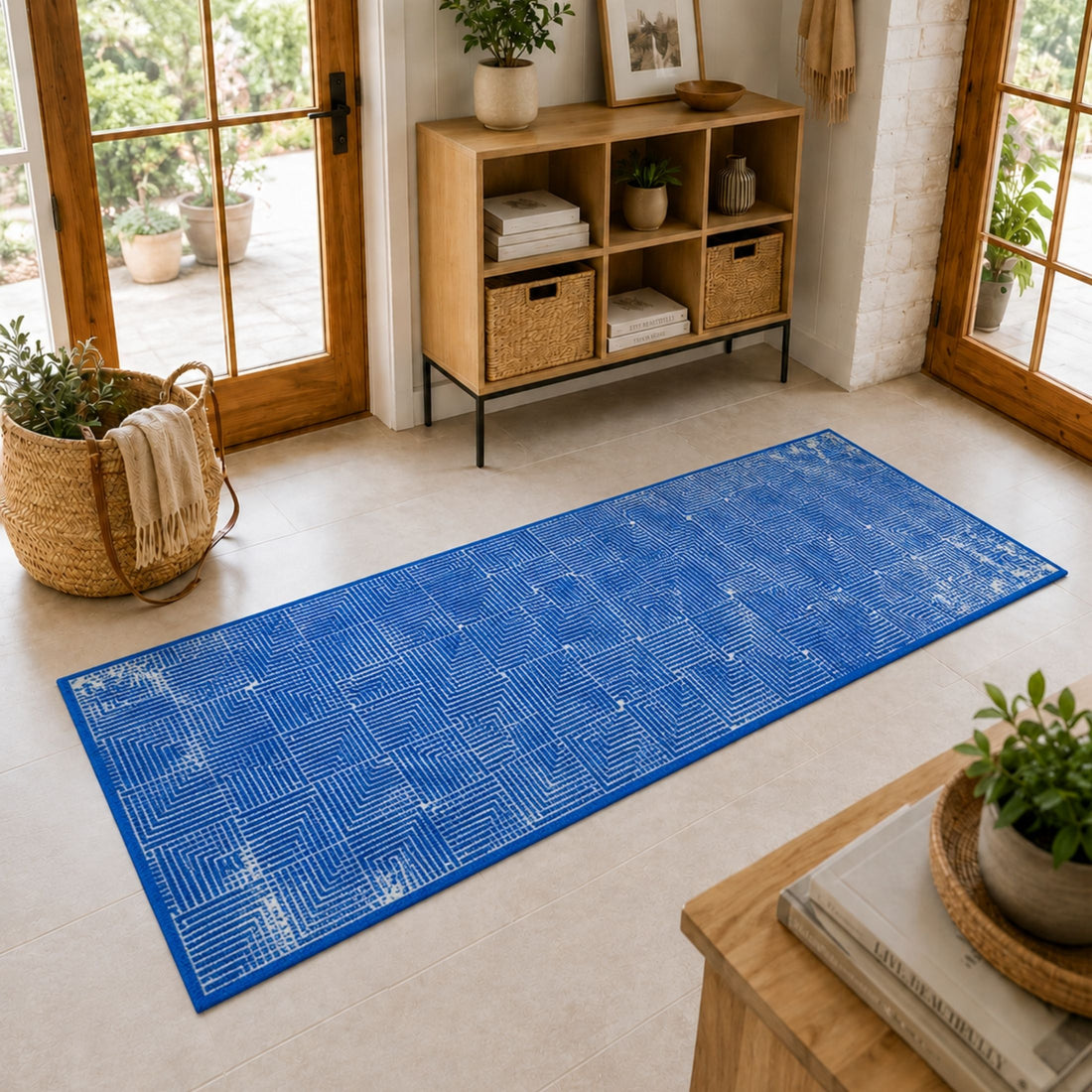 Modern Geometric Digital Print Area Rug | Premium Navy Blue and Cream Woven Rug - Decovia