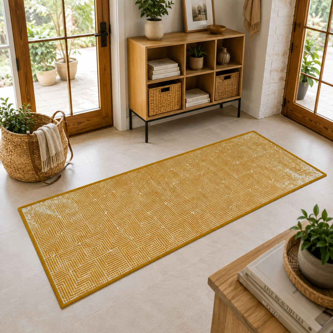 Modern Geometric Digital Print  Area Rug | Premium Yellow Mustard and Cream Woven Rug - Decovia