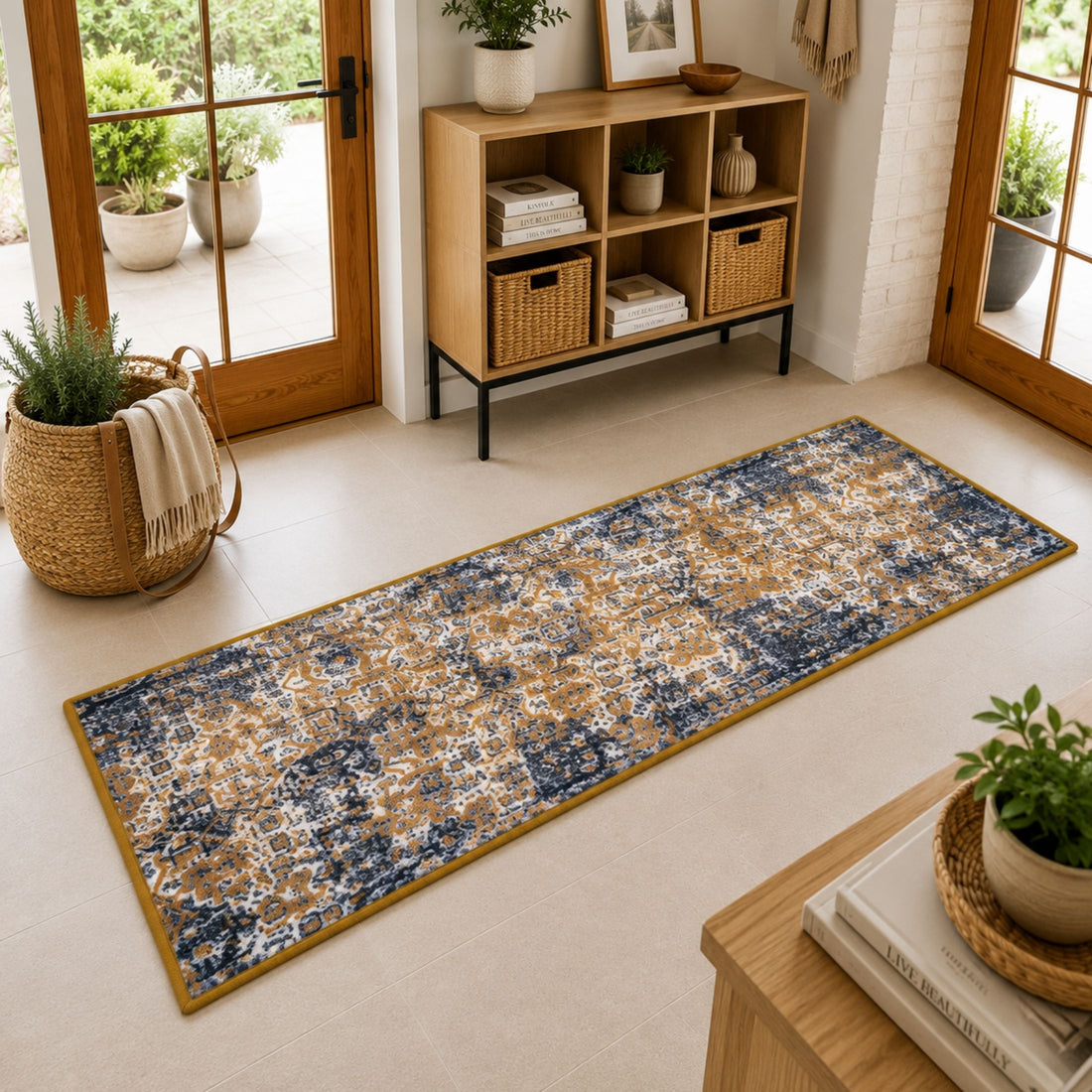 Premium Distressed Geometric Striped Pattern Digital Print Area Rug | Yellow, Black, and Cream Bohemian Accent Rug - Decovia