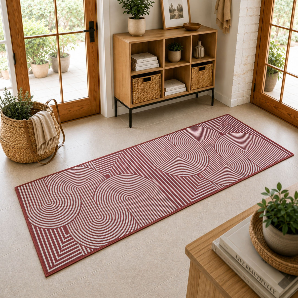 Modern Geometric Digital Print  Area Rug - Terracotta Rust Brown and Cream Abstract Wave Pattern-Decovia
