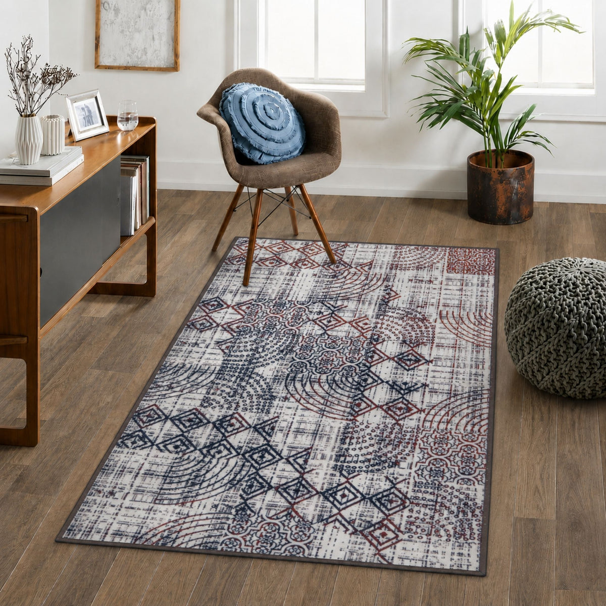 Multi-Pattern Geometric Accent Digital Print Area Rug | Cream &amp; Earth Tones Accent Rug - Decovia