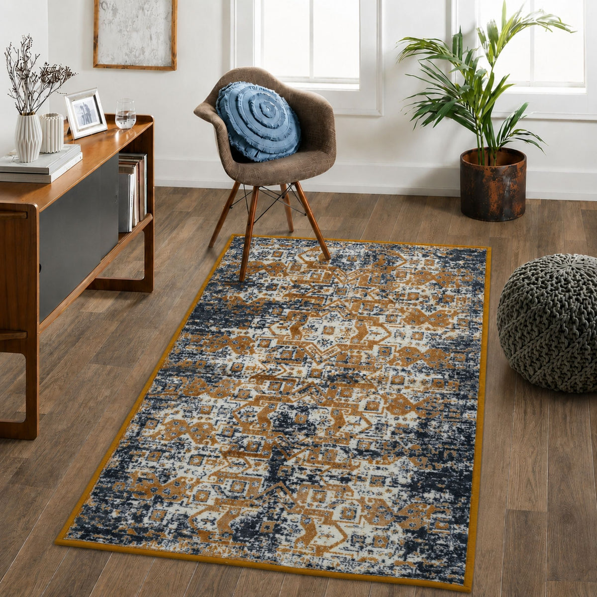 Premium Distressed Geometric Striped Pattern Digital Print Area Rug | Yellow, Black, and Cream Bohemian Accent Rug - Decovia