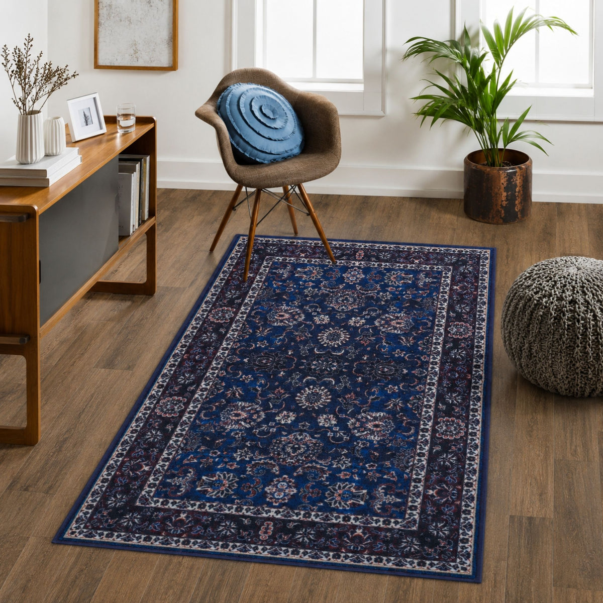 Premium Floral Persian Pattern Digital Print Area Rug | Navy Blue, Burgundy Red, and Cream Medallion Accent Rug - Decovia