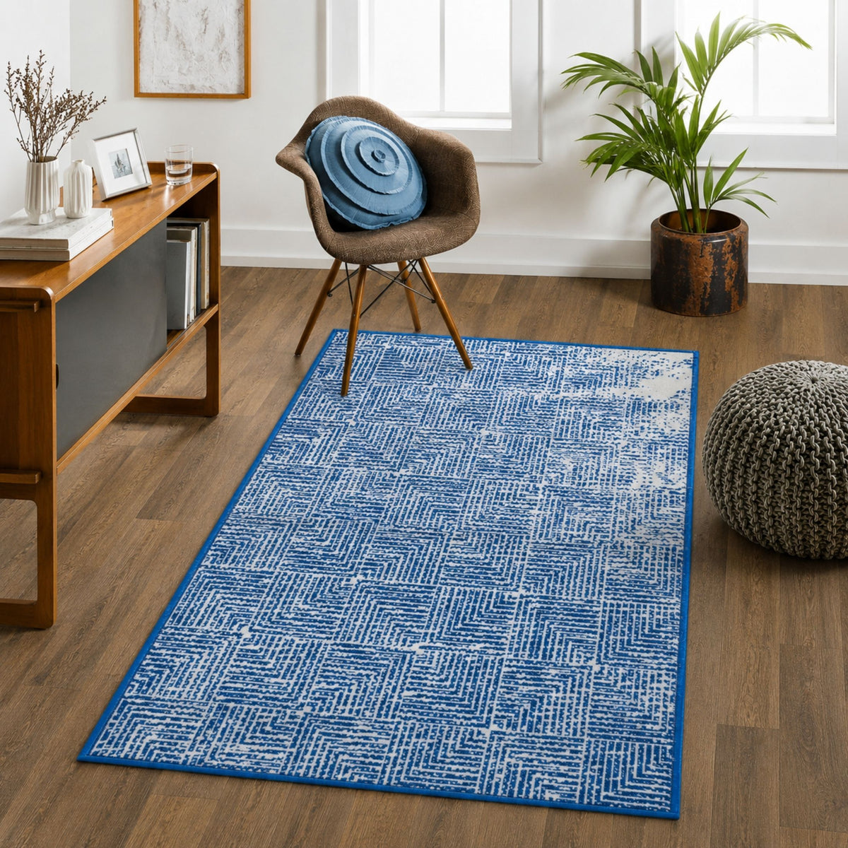 Modern Geometric Digital Print Area Rug | Premium Navy Blue and Cream Woven Rug - Decovia