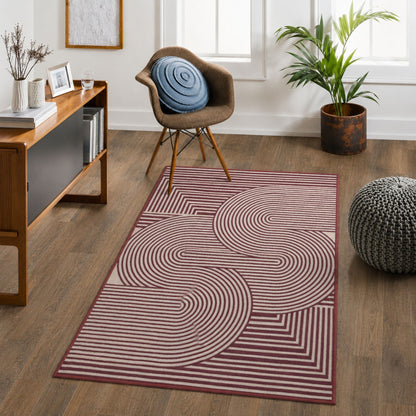 Modern Geometric Digital Print  Area Rug - Terracotta Rust Brown and Cream Abstract Wave Pattern-Decovia
