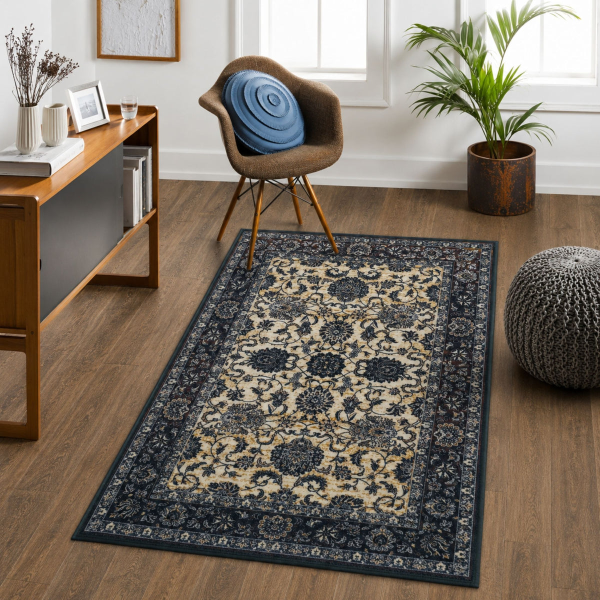Premium Floral Persian Pattern Digital Print Area Rug | Dark Brown Medallion Accent Rug - Decovia