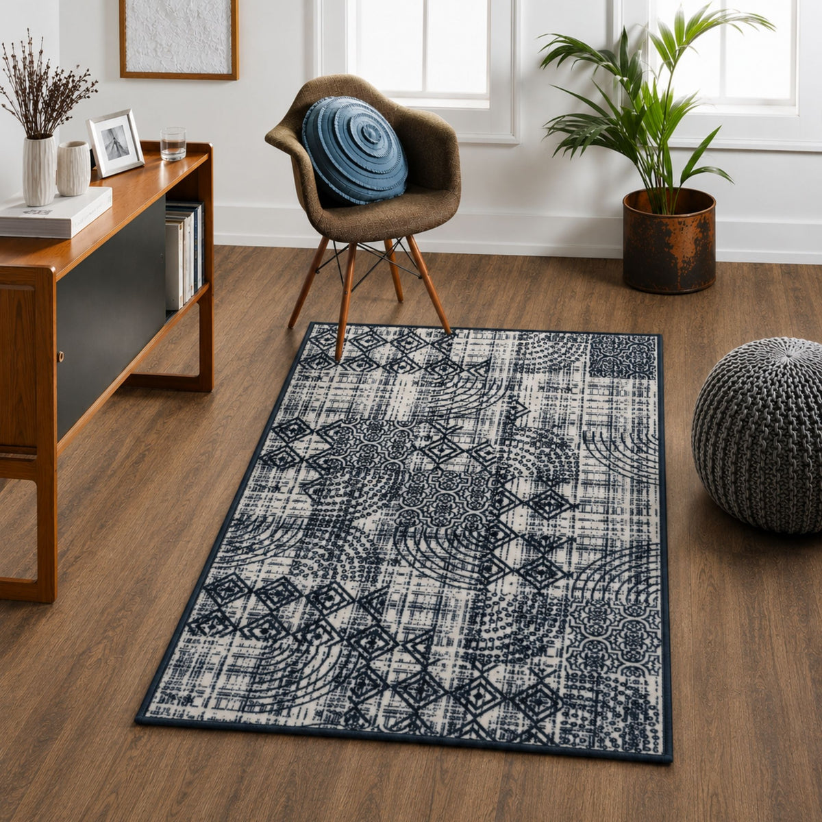 Modern Abstract Geometric Digital Print Area Rug | Charcoal Black and Cream Bohemian Accent Rug - Decovia