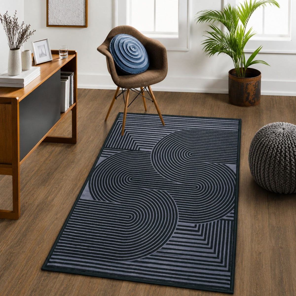 Modern Abstract Geometric Digital Print Area Rug | Black and Grey Abstract Swirl Accent Rug - Decovia