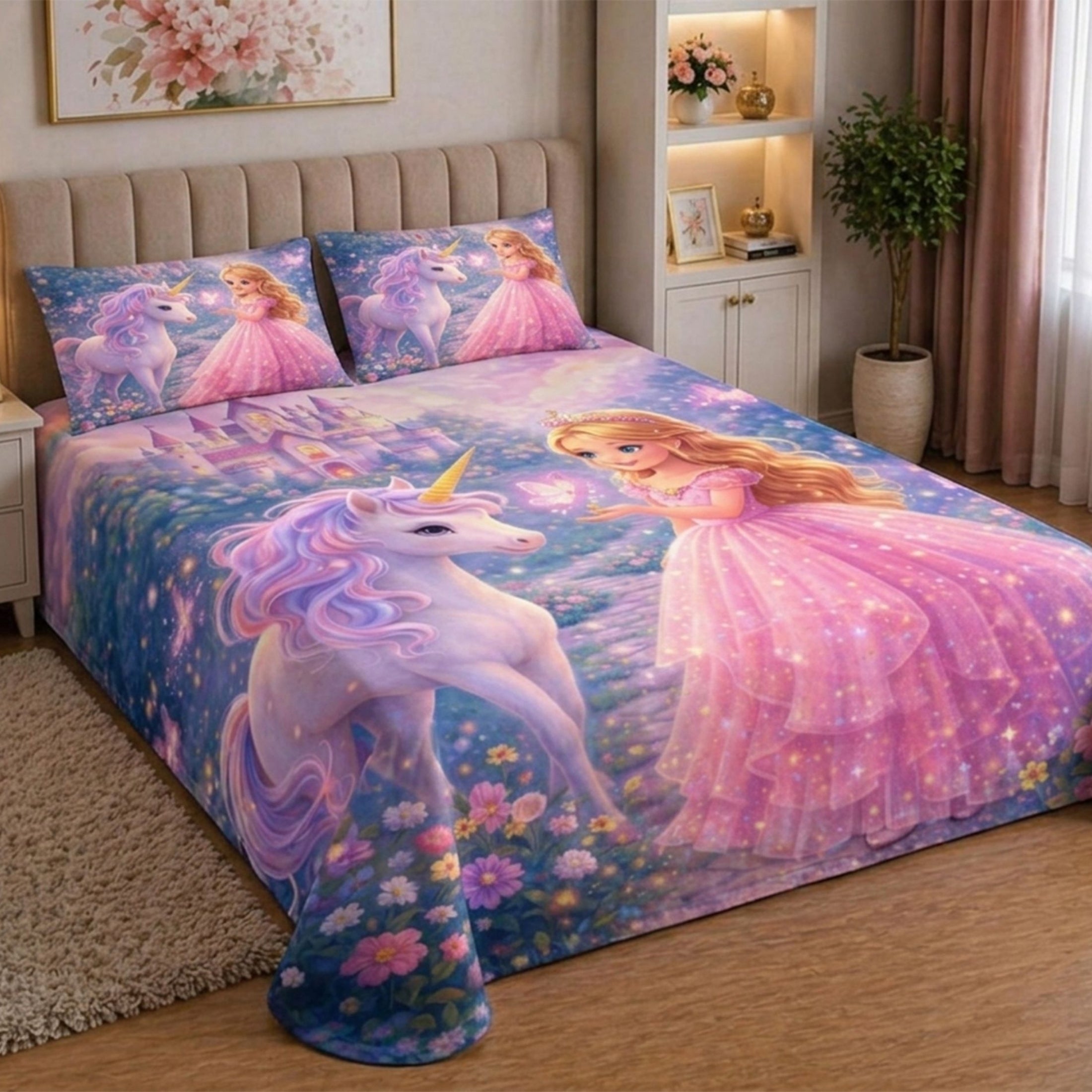 7D Digital Printed Princess & Unicorn Cotton Feel Microfiber King Size Double Bedsheet with Pillow Covers - Decovia