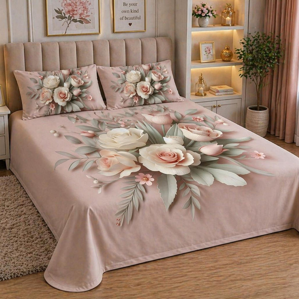 7D Digital Printed Floral Cotton Feel Microfiber King Size Double Bedsheet with Pillow Covers - Decovia
