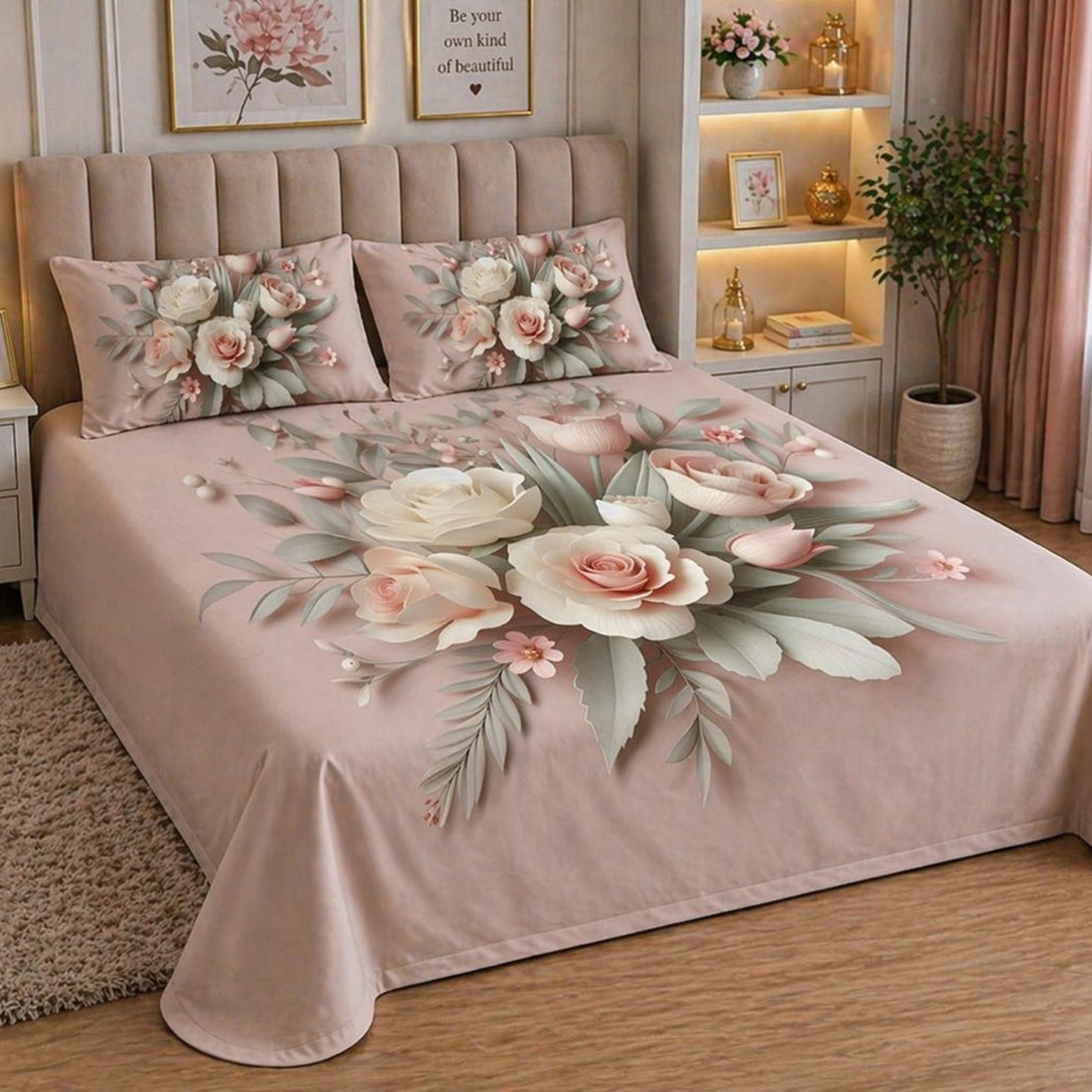 7D Digital Printed Floral Cotton Feel Microfiber King Size Double Bedsheet with Pillow Covers - Decovia
