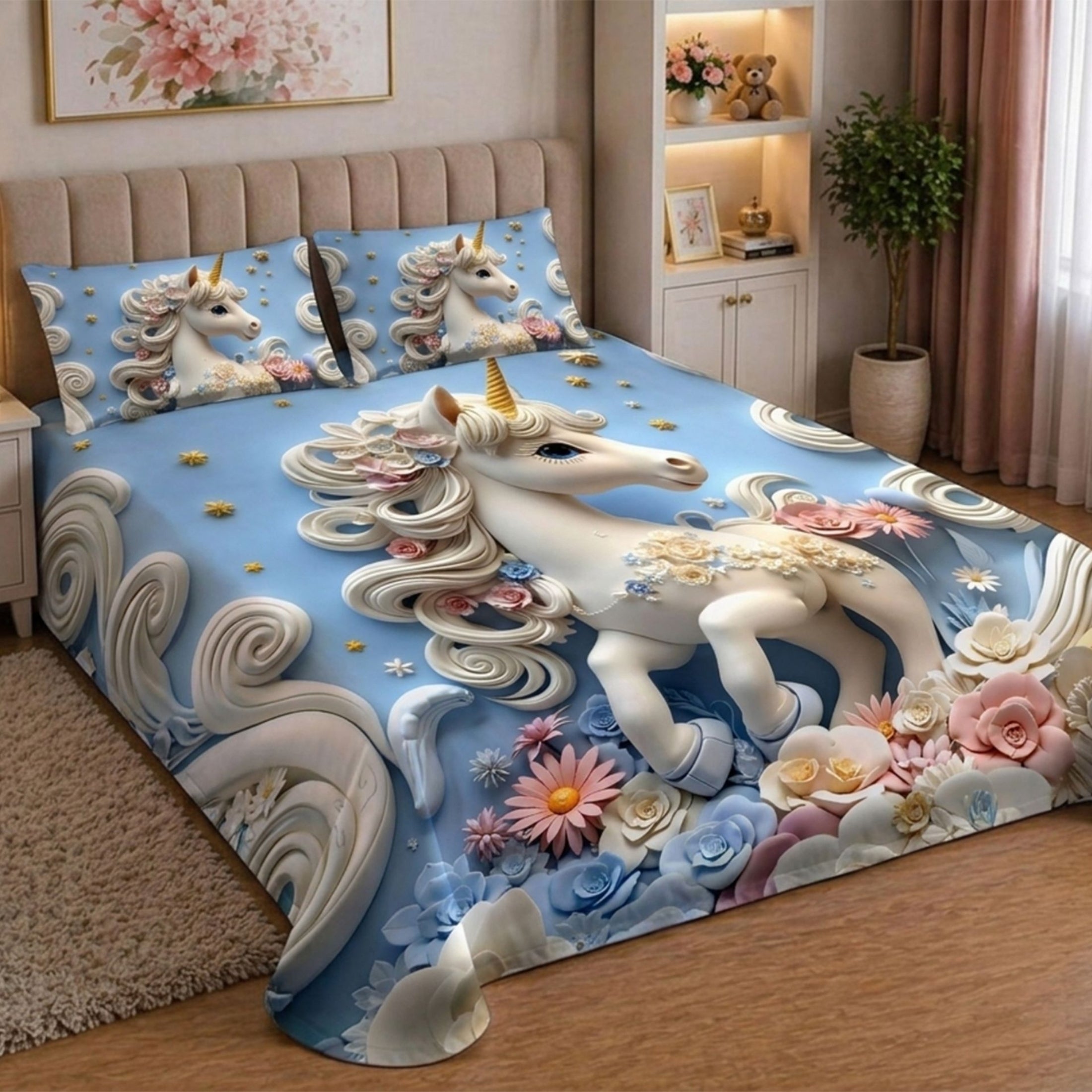 7D Digital Printed Unicorn Cotton Feel Microfiber King Size Double Bedsheet with Pillow Covers - Decovia