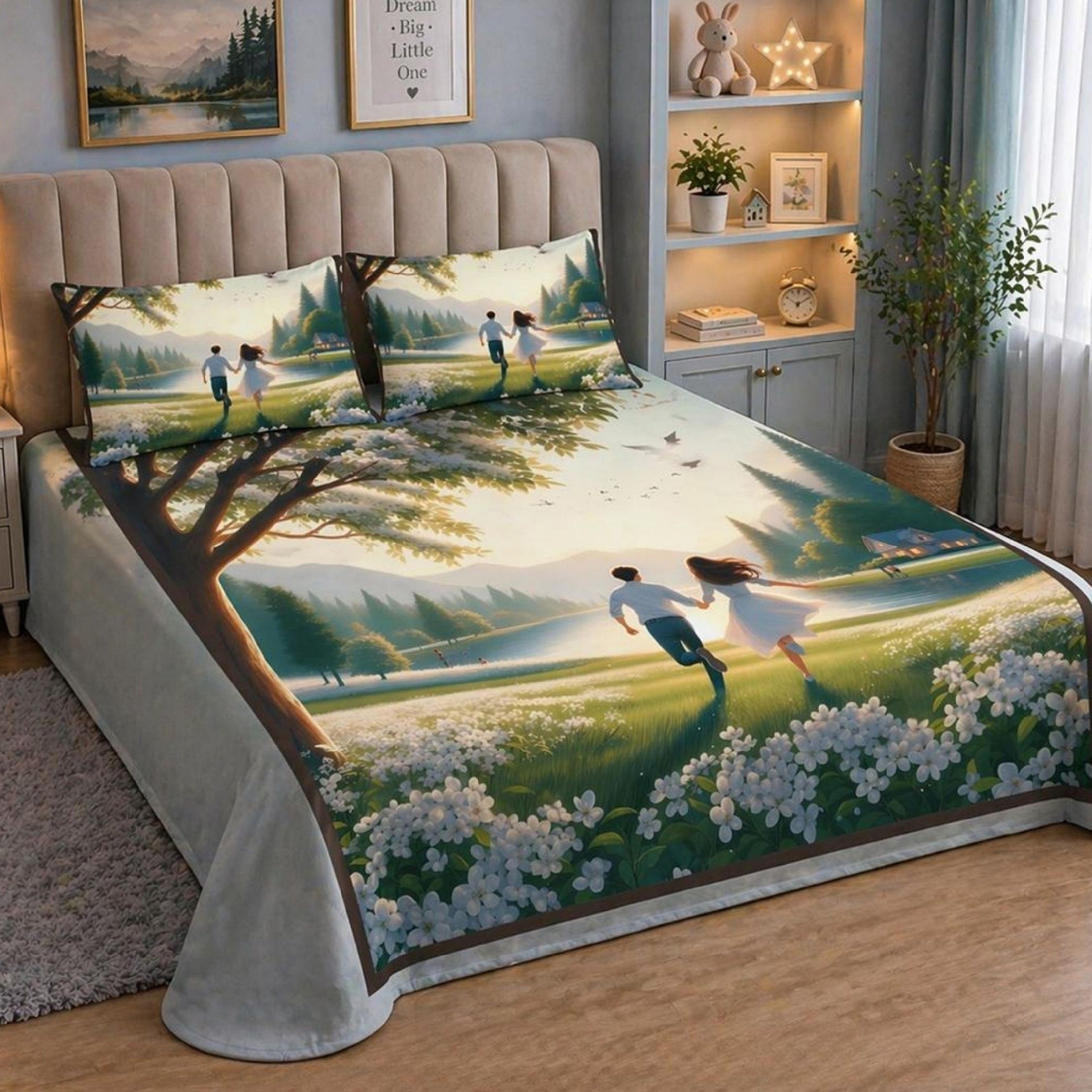 7D Digital Printed Couple Cotton Feel Microfiber King Size Double Bedsheet with Pillow Covers - Decovia