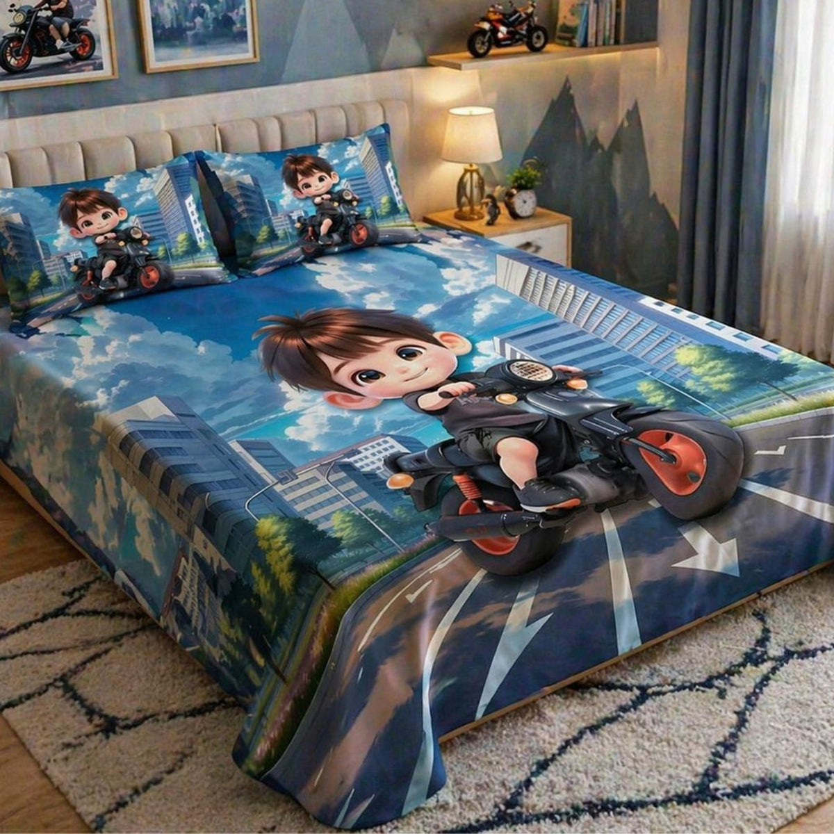 7D Digital Printed Little Biker Cotton Feel Microfiber King Size Double Bedsheet with Pillow Covers - Decovia