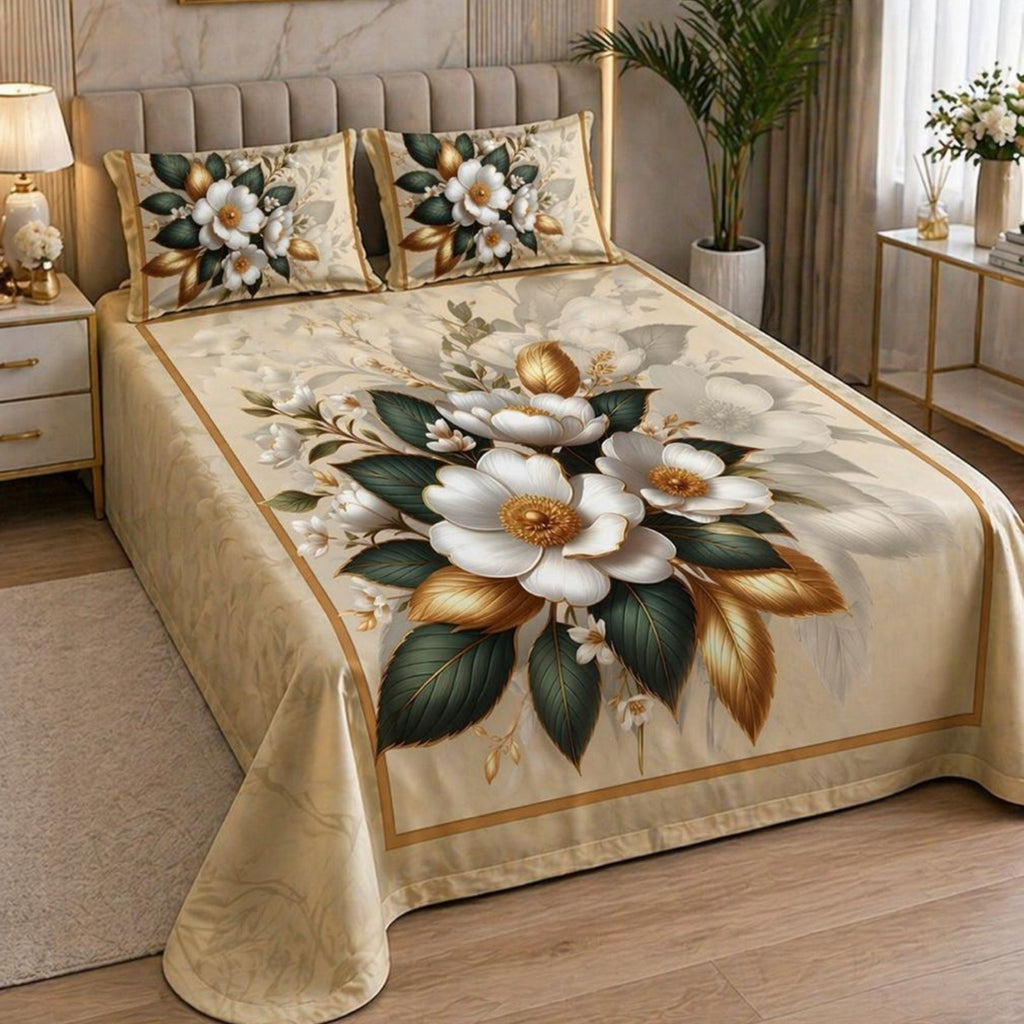 7D Digital Printed Floral Cotton Feel Microfiber King Size Double Bedsheet with Pillow Covers - Decovia