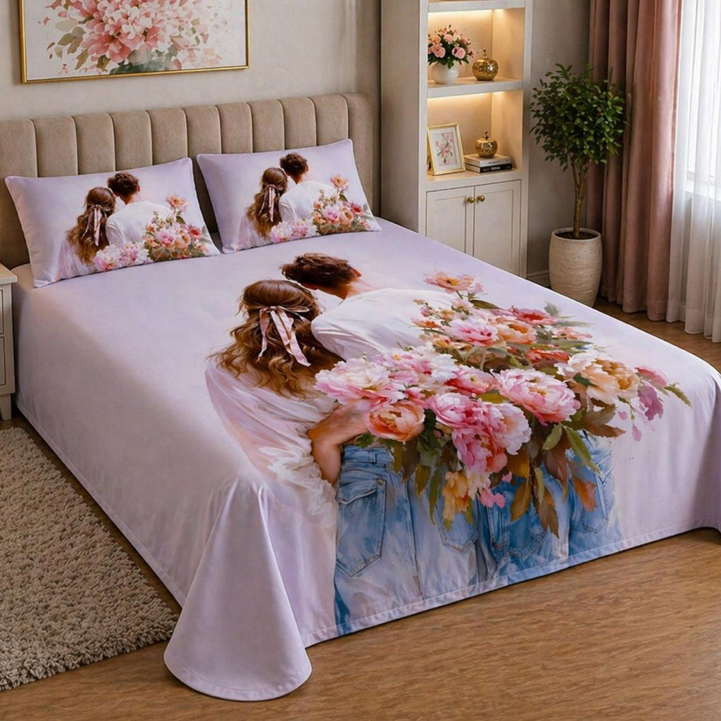 7D Digital Printed Romantic Couple Cotton Feel Microfiber King Size Double Bedsheet with Pillow Covers - Decovia