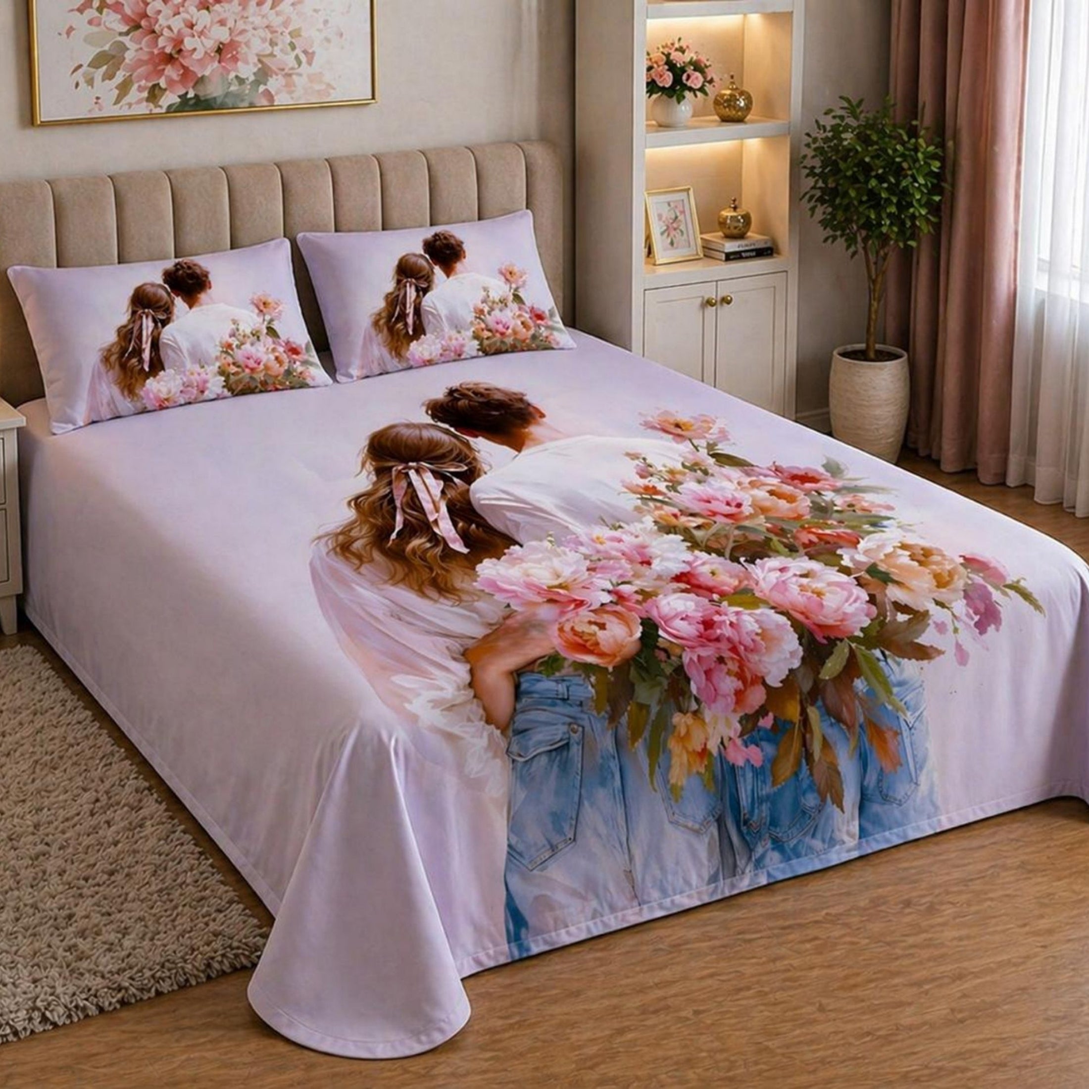 7D Digital Printed Romantic Couple Cotton Feel Microfiber King Size Double Bedsheet with Pillow Covers - Decovia