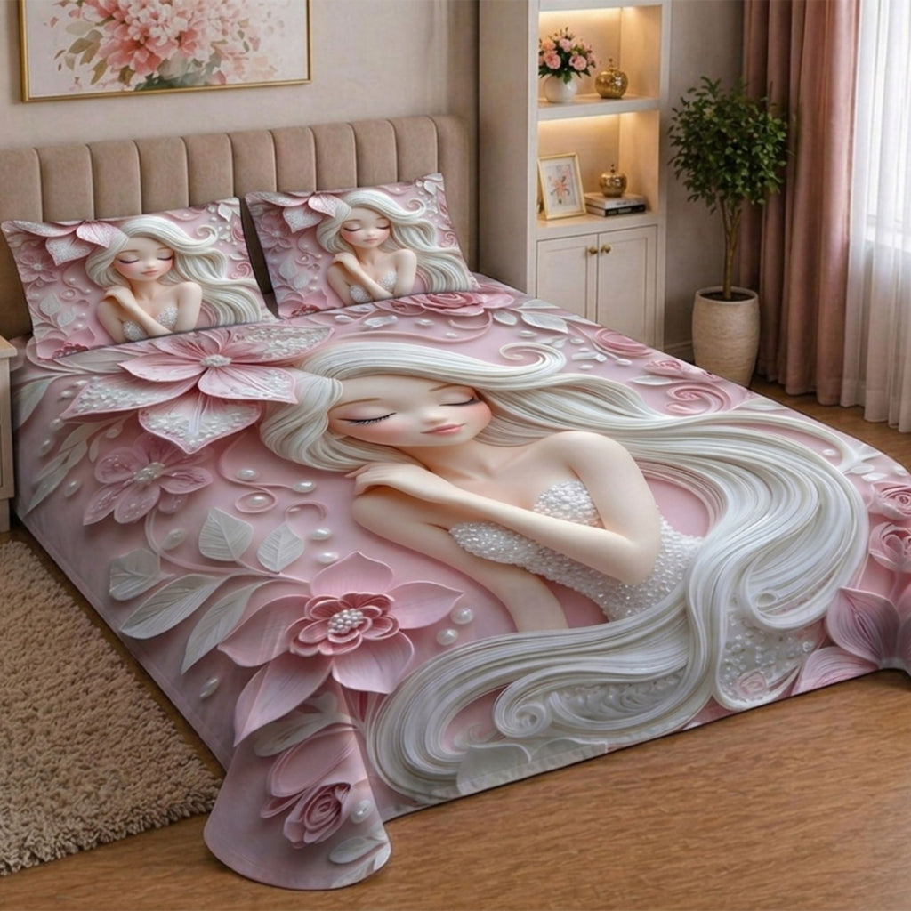 7D Digital Printed Princess Cotton Feel Microfiber King Size Double Bedsheet with Pillow Covers - Decovia