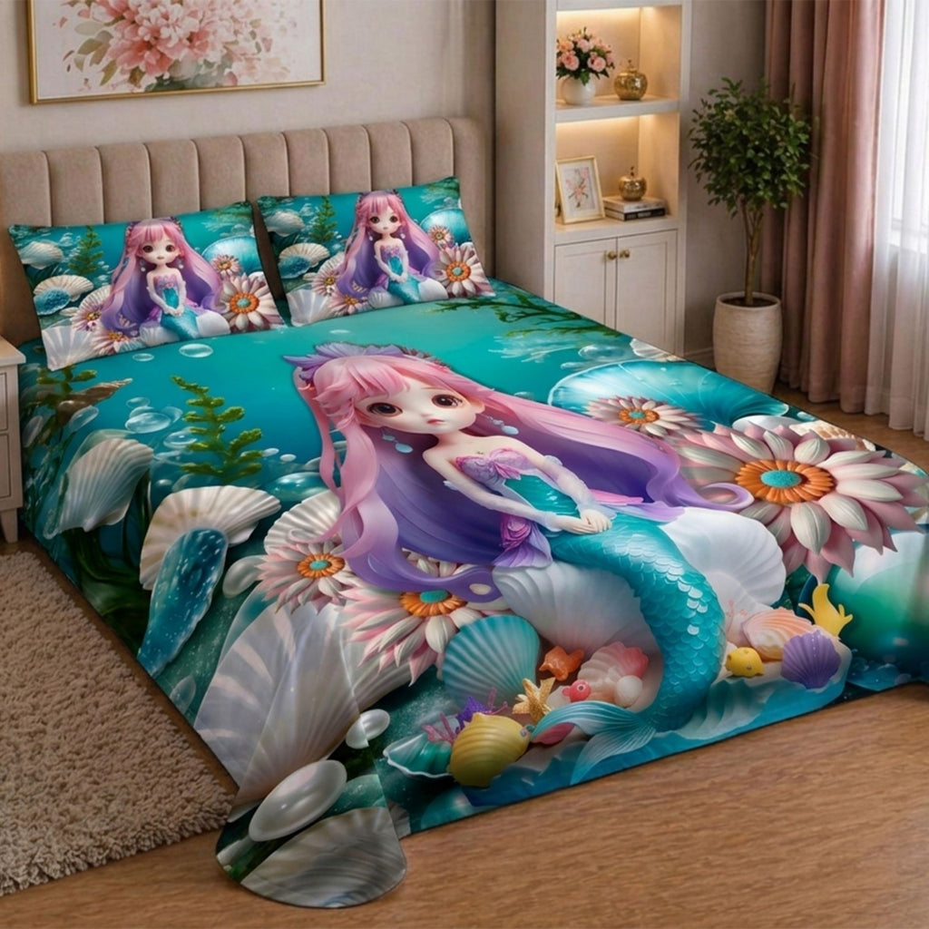 7D Digital Printed Magical Undersea Cotton Feel Microfiber King Size Double Bedsheet with Pillow Covers - Decovia