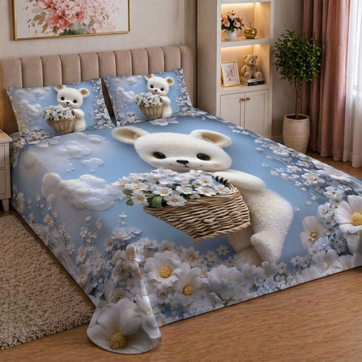 7D Digital Printed Teddy Cotton Feel Microfiber King Size Double Bedsheet with Pillow Covers - Decovia