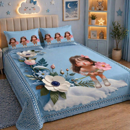 7D Digital Printed Little Girl Cotton Feel Microfiber King Size Double Bedsheet with Pillow Covers - Decovia