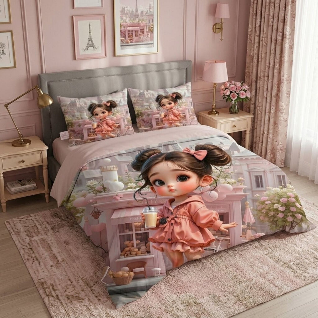 7D Digital Printed Cute Girl Cotton Feel Microfiber King Size Double Bedsheet with Pillow Covers - Decovia