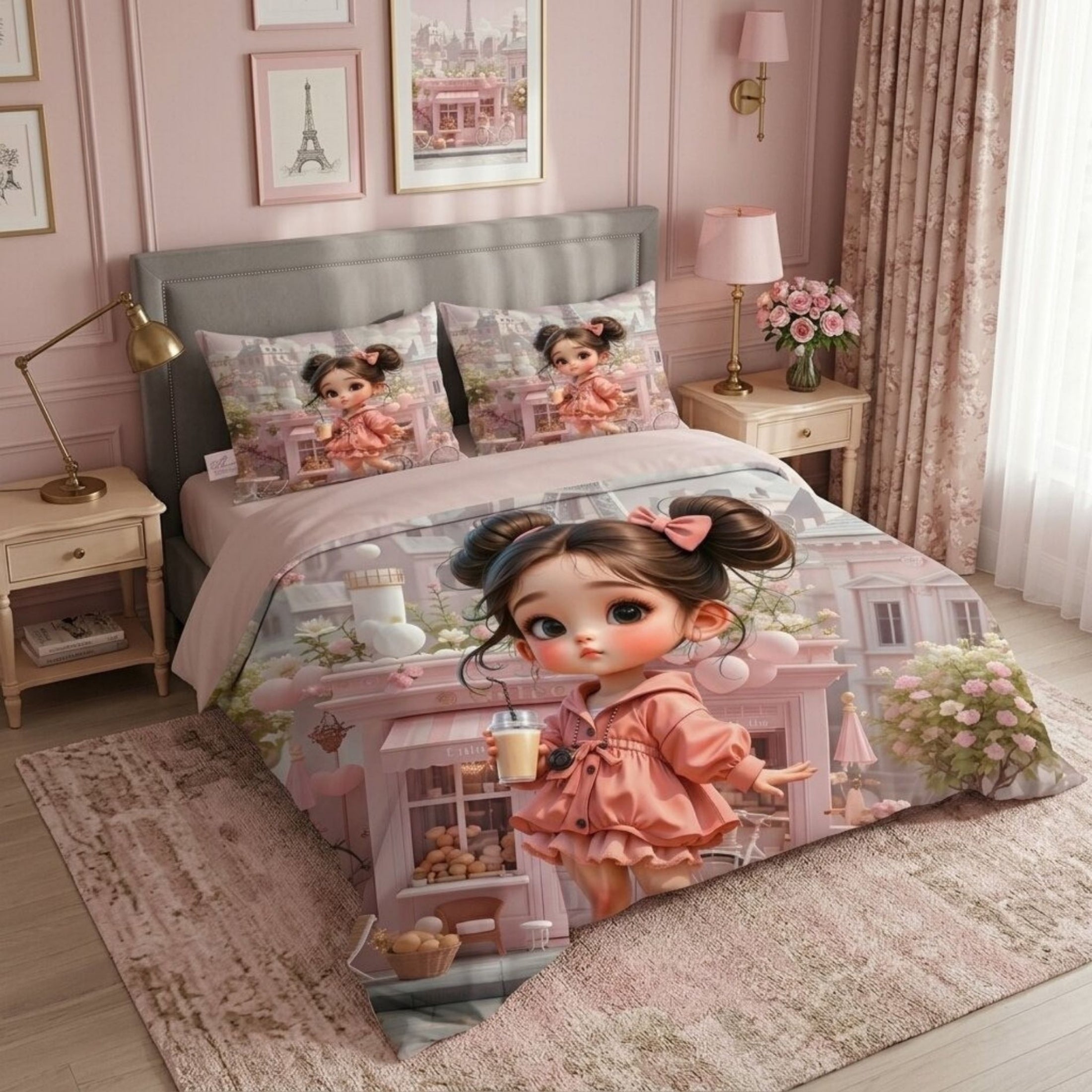 7D Digital Printed Cute Girl Cotton Feel Microfiber King Size Double Bedsheet with Pillow Covers - Decovia