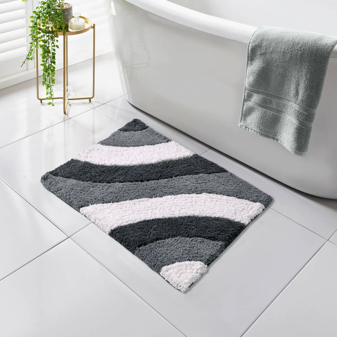 Wave Pattern Microfiber Bath Mat - Grey &amp; White Abstract Shag Rug (40 x 60 cm)
