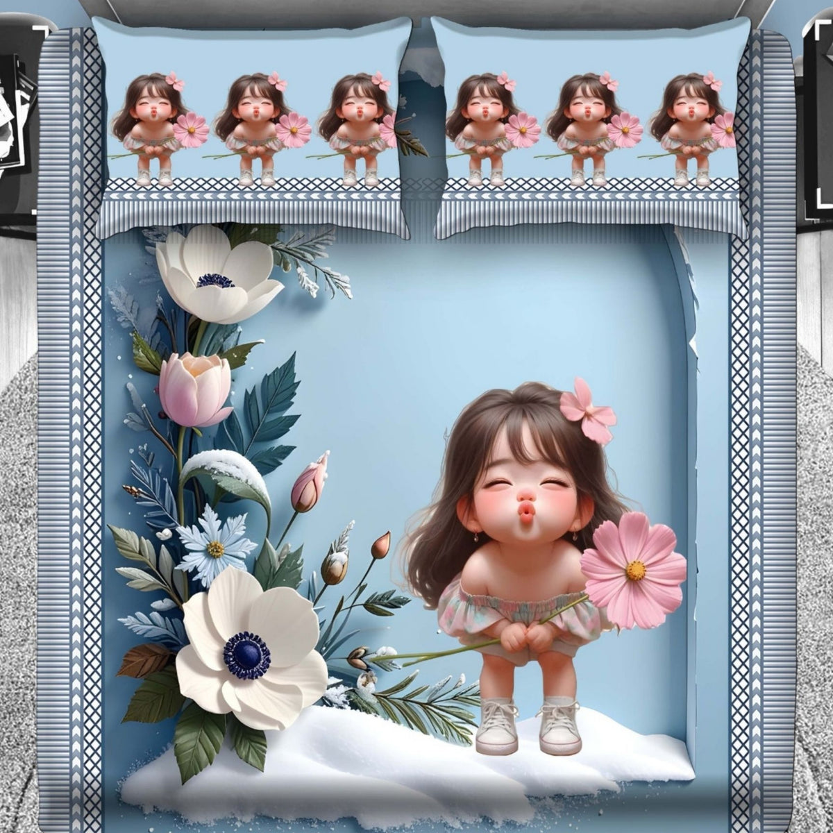 7D Digital Printed Little Girl Cotton Feel Microfiber King Size Double Bedsheet with Pillow Covers - Decovia