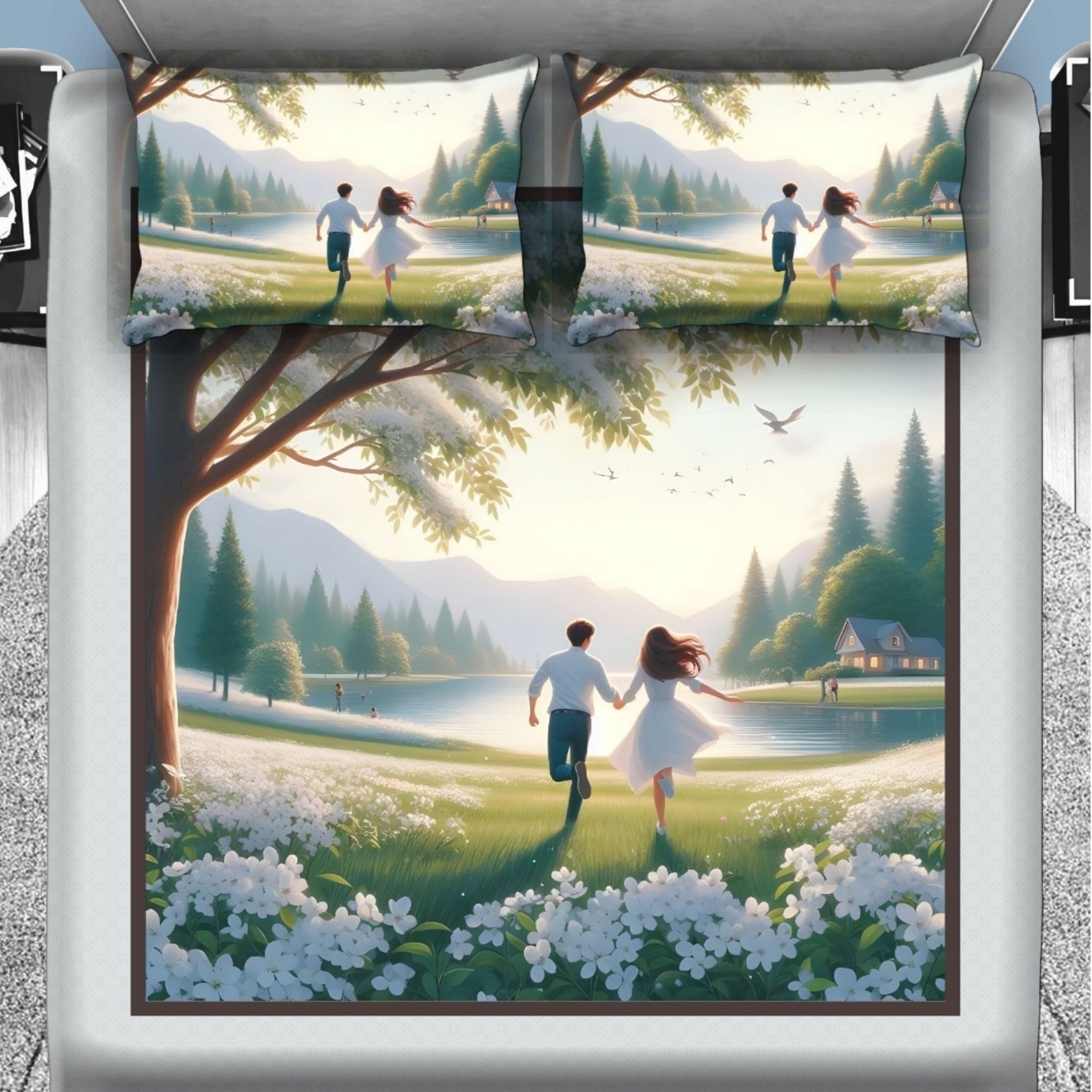 7D Digital Printed Couple Cotton Feel Microfiber King Size Double Bedsheet with Pillow Covers - Decovia