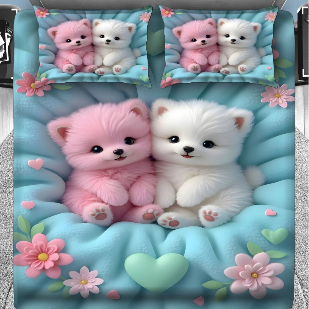 7D Digital Printed Cute Puppy Cotton Feel Microfiber King Size Double Bedsheet with Pillow Covers - Decovia