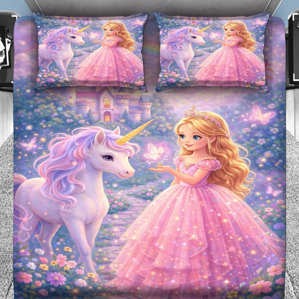 7D Digital Printed Princess & Unicorn Cotton Feel Microfiber King Size Double Bedsheet with Pillow Covers - Decovia