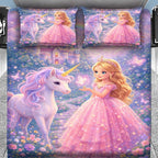 7D Digital Printed Princess & Unicorn Cotton Feel Microfiber King Size Double Bedsheet with Pillow Covers - Decovia