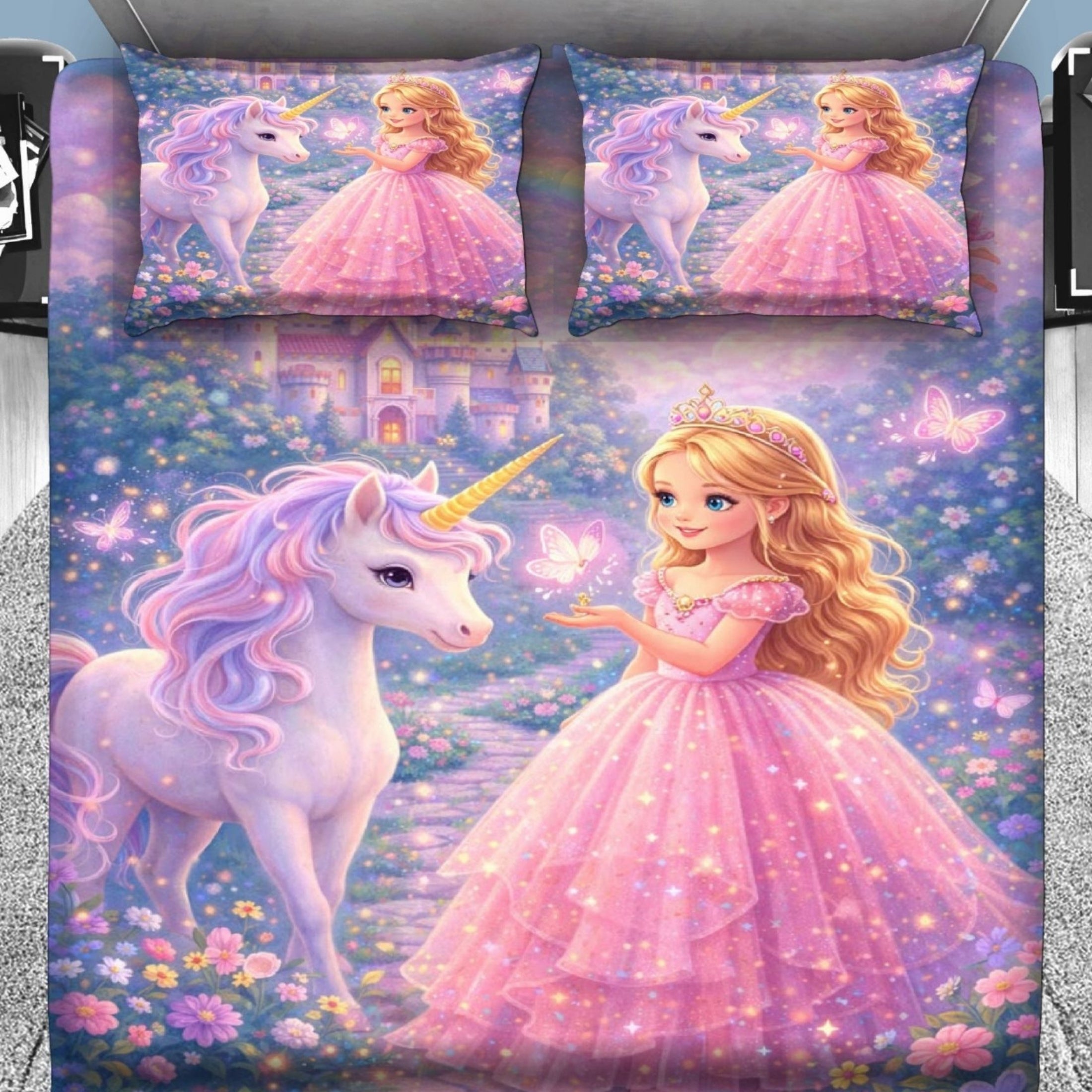 7D Digital Printed Princess & Unicorn Cotton Feel Microfiber King Size Double Bedsheet with Pillow Covers - Decovia