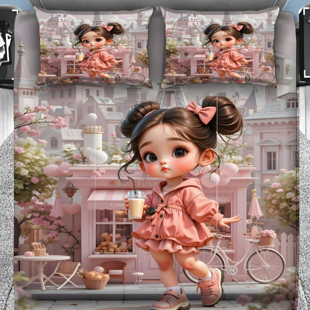 7D Digital Printed Cute Girl Cotton Feel Microfiber King Size Double Bedsheet with Pillow Covers - Decovia