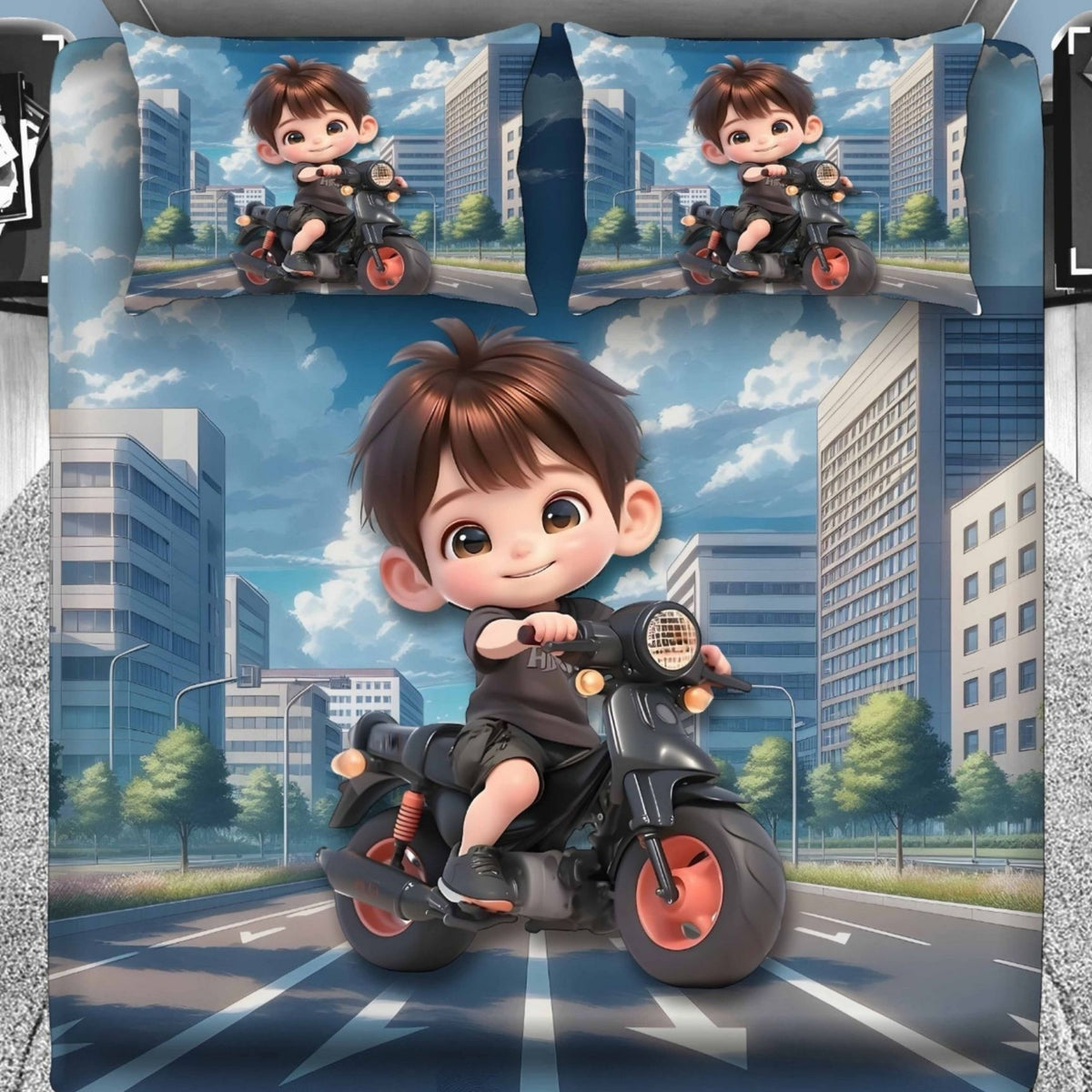 7D Digital Printed Little Biker Cotton Feel Microfiber King Size Double Bedsheet with Pillow Covers - Decovia