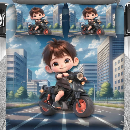 7D Digital Printed Little Biker Cotton Feel Microfiber King Size Double Bedsheet with Pillow Covers - Decovia