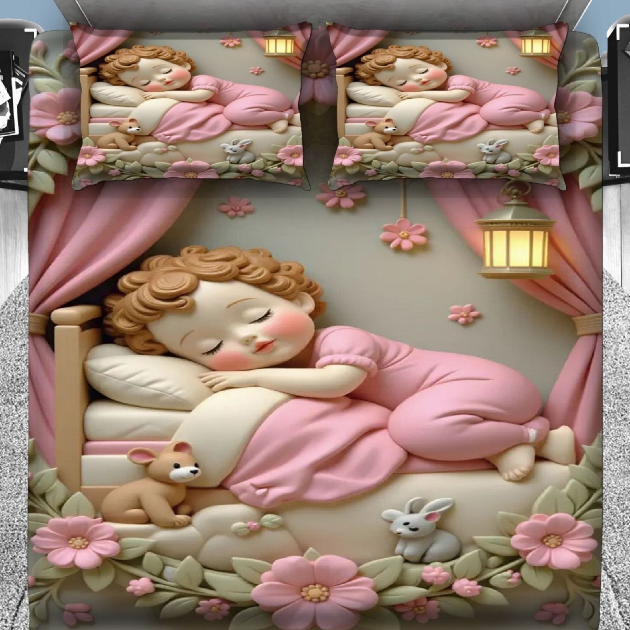 7D Digital Printed Sleeping Doll Cotton Feel Microfiber King Size Double Bedsheet with Pillow Covers - Decovia