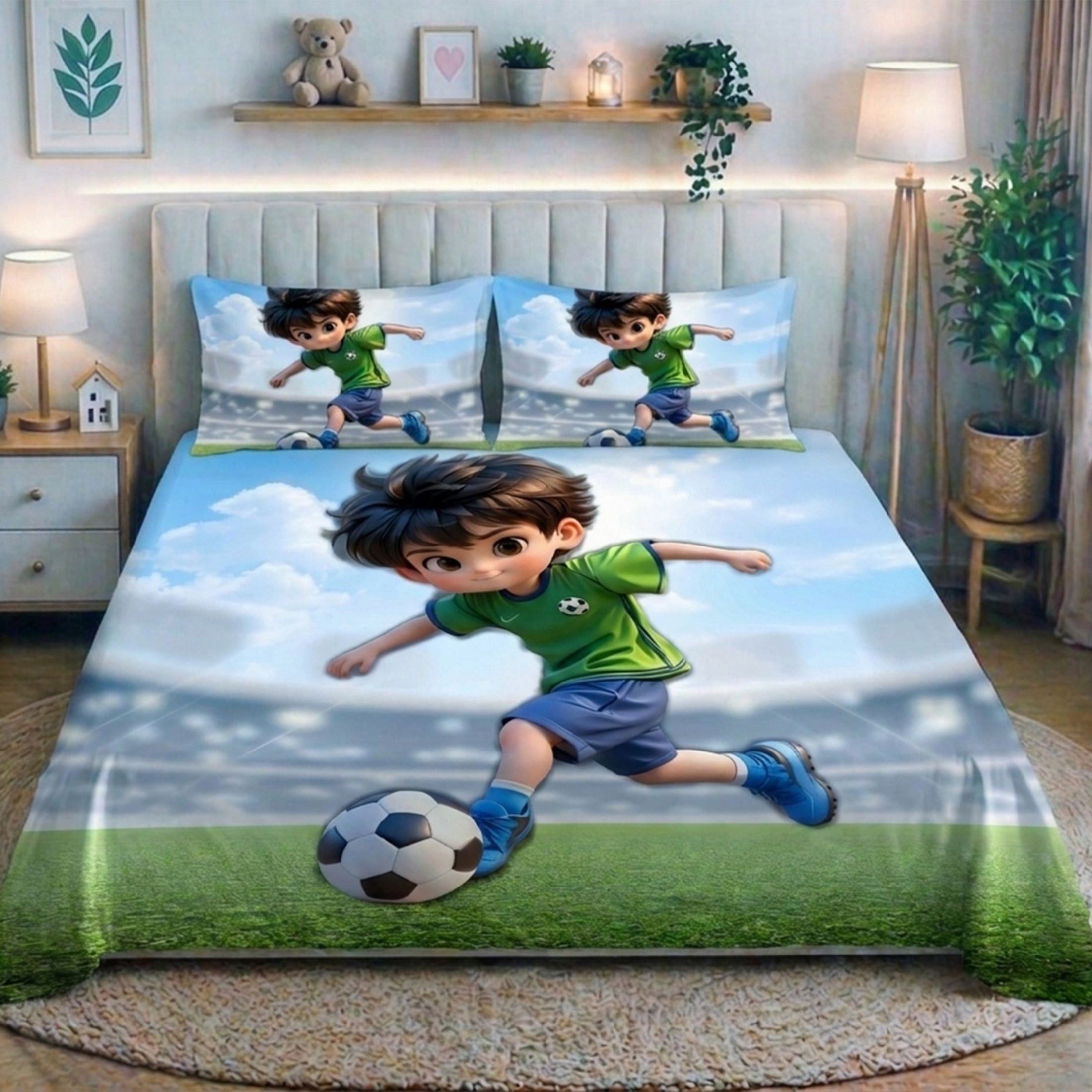 7D Digital Printed Football Player Cotton Feel Microfiber King Size Double Bedsheet with Pillow Covers - Decovia