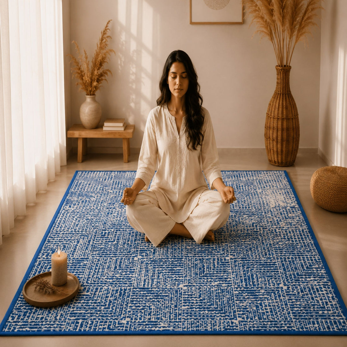 Modern Geometric Digital Print Area Rug | Premium Navy Blue and Cream Woven Rug - Decovia