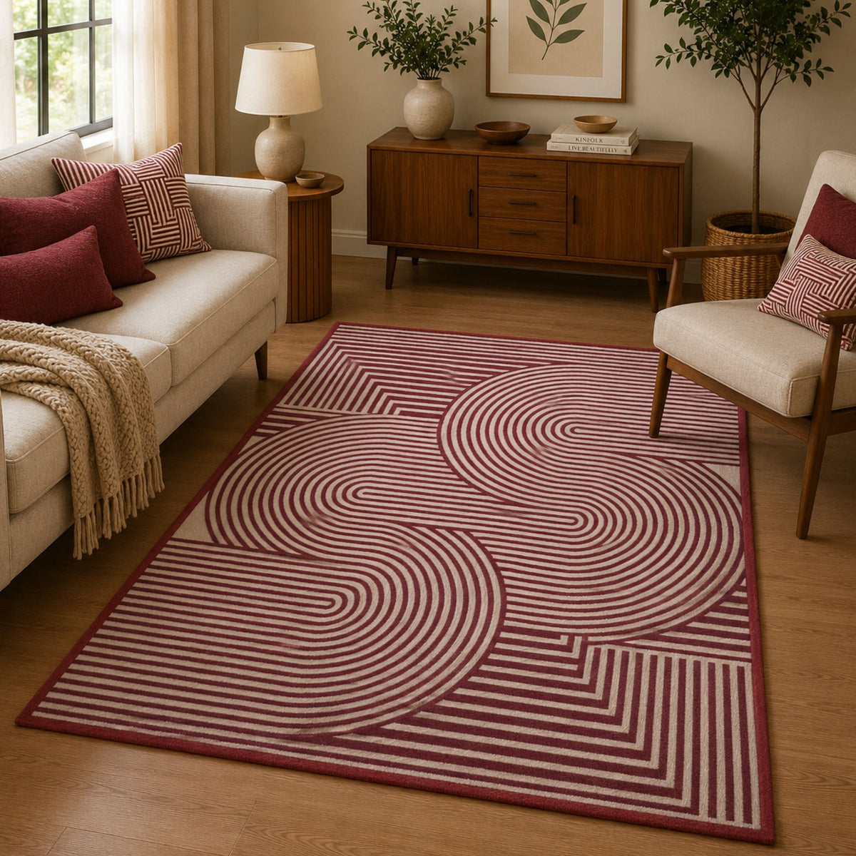 Modern Geometric Digital Print  Area Rug - Terracotta Rust Brown and Cream Abstract Wave Pattern-Decovia