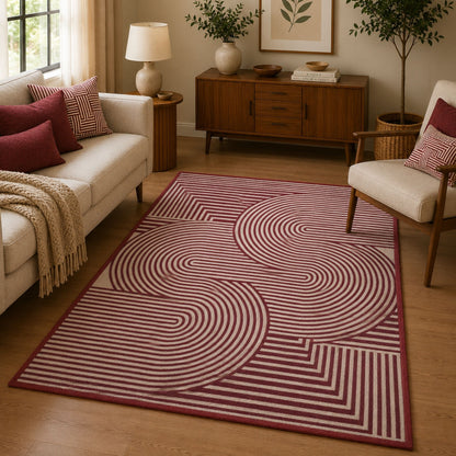 Modern Geometric Digital Print  Area Rug - Terracotta Rust Brown and Cream Abstract Wave Pattern-Decovia