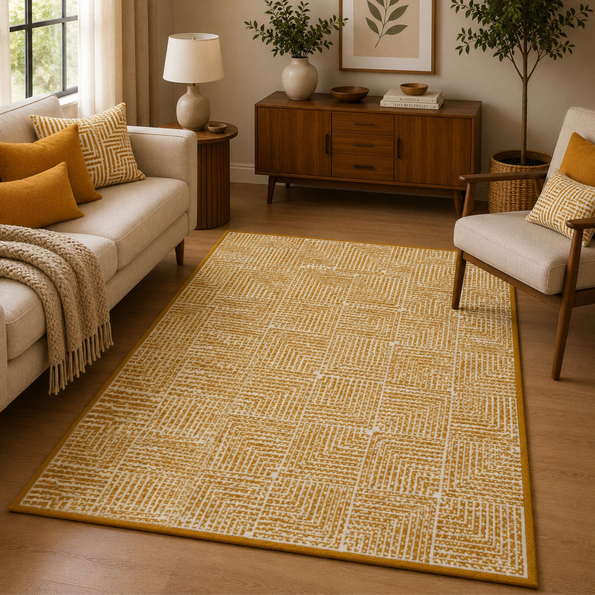 Modern Geometric Digital Print  Area Rug | Premium Yellow Mustard and Cream Woven Rug - Decovia