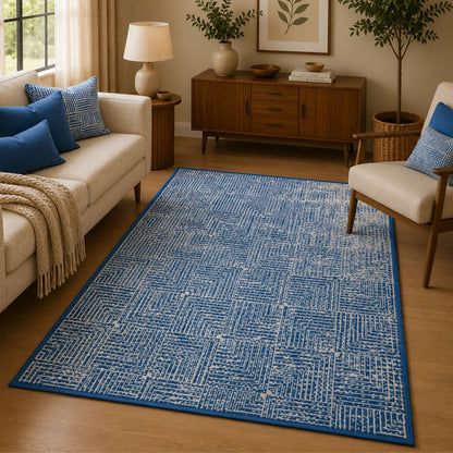 Modern Geometric Digital Print Area Rug | Premium Navy Blue and Cream Woven Rug - Decovia
