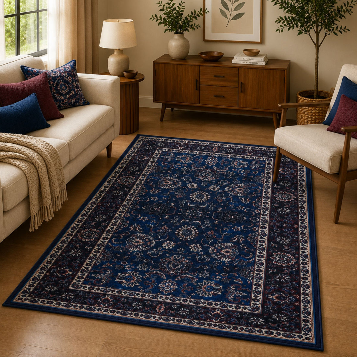 Premium Floral Persian Pattern Digital Print Area Rug | Navy Blue, Burgundy Red, and Cream Medallion Accent Rug - Decovia