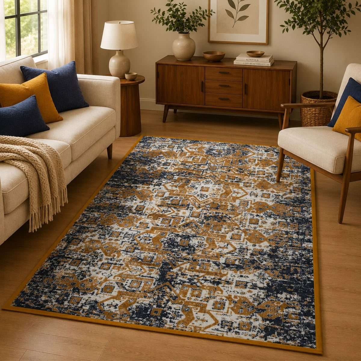 Premium Distressed Geometric Striped Pattern Digital Print Area Rug | Yellow, Black, and Cream Bohemian Accent Rug - Decovia