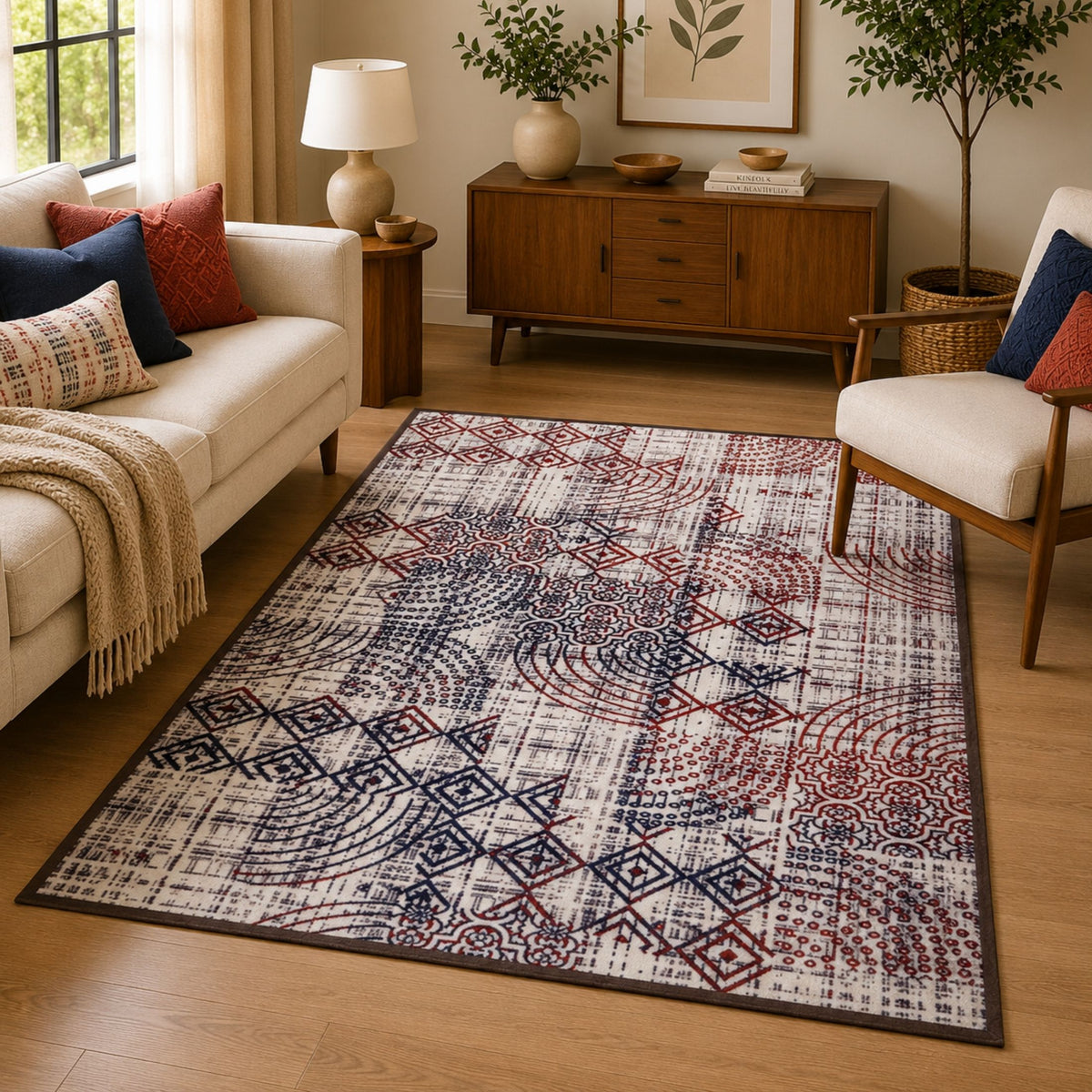 Multi-Pattern Geometric Accent Digital Print Area Rug | Cream &amp; Earth Tones Accent Rug - Decovia