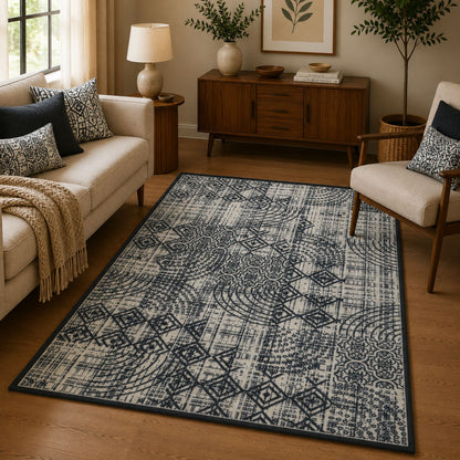 Modern Abstract Geometric Digital Print Area Rug | Charcoal Black and Cream Bohemian Accent Rug - Decovia