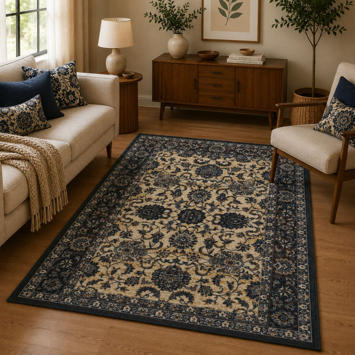 Premium Floral Persian Pattern Digital Print Area Rug | Dark Brown Medallion Accent Rug - Decovia